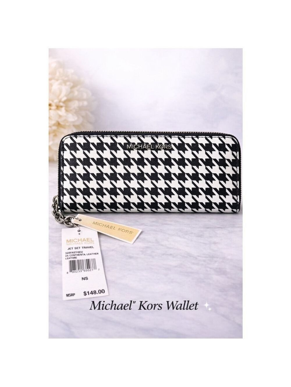NWT Michael Kors Jet Set Travel Houndstooth Zip Around Wallet Black White $148